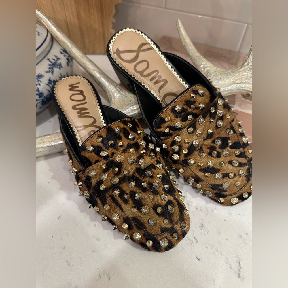 Sam Edelman Agustus Leopard Metallic Studded Mules size 6
